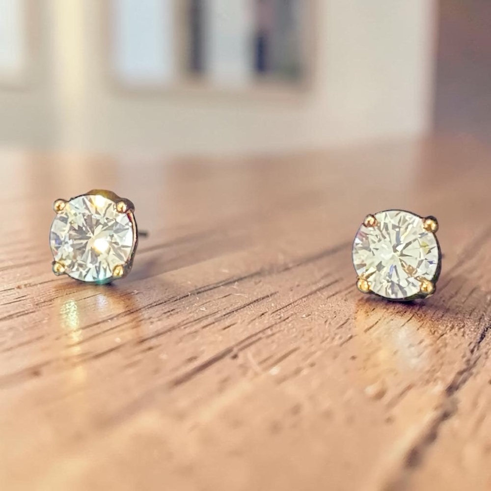 Gold Brass Prong 3 carat Diamond Crystalline Stud Earrings Sterling Silver New